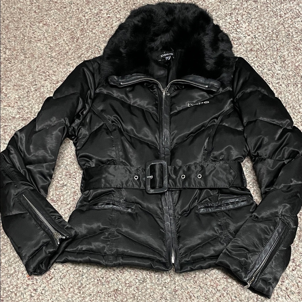 Bebe Black down feather satin Puffer/leather Jacket with real Fur Collar